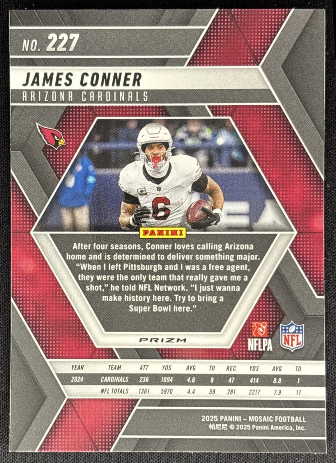 James Conner 2025 Panini Mosaic Reactive Purple Prizm Cardinals Sports Trading Cards