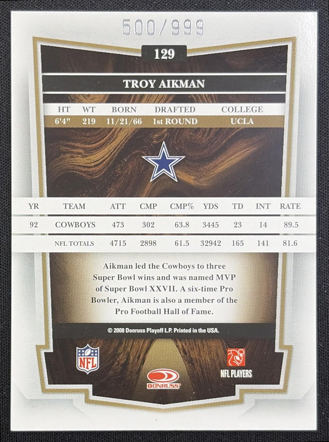Troy Aikman 2008 Donruss Classics /999 Cowboys Dallas Cowboys back