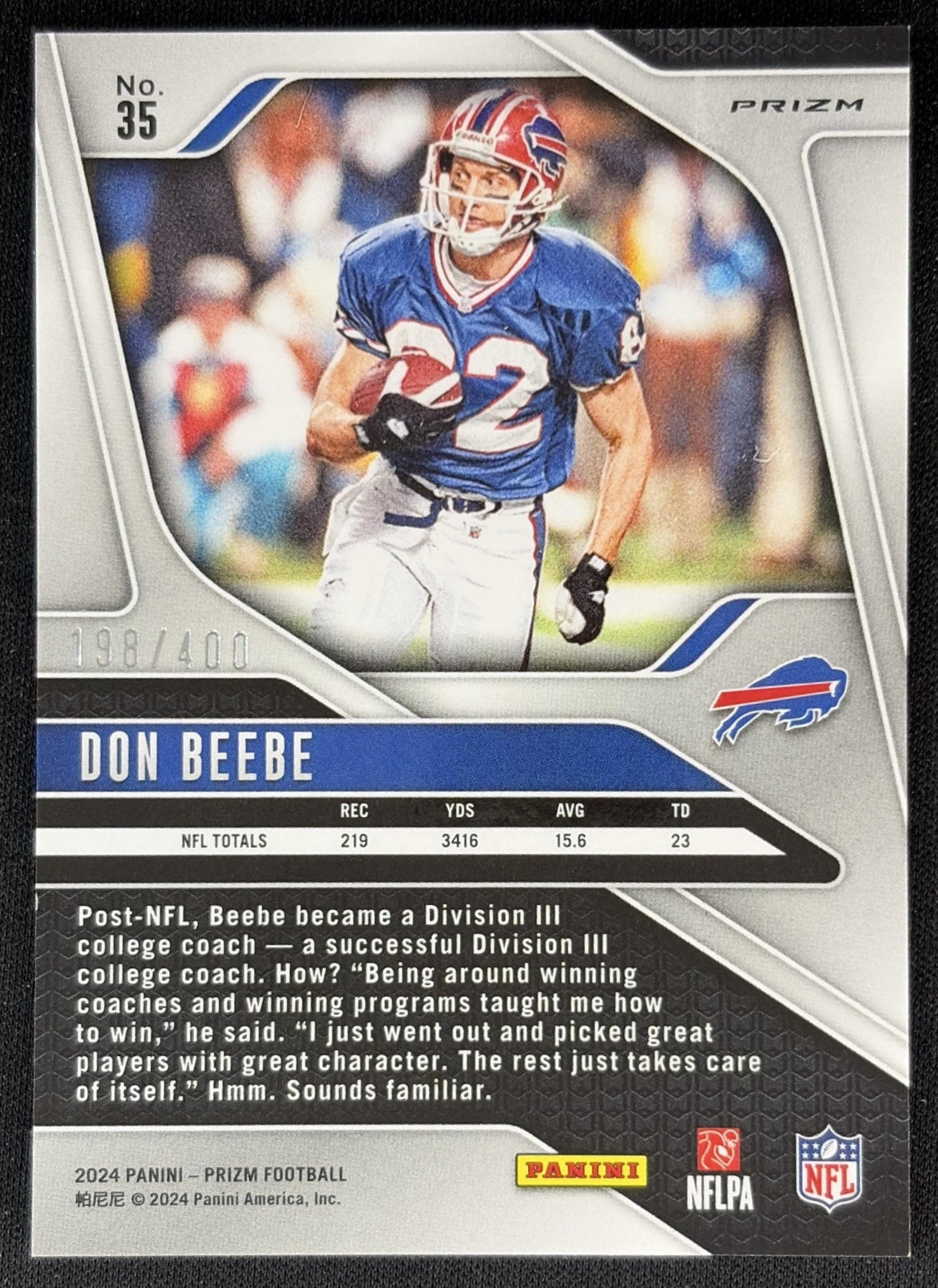Don Beebe 2024 Panini Prizm Pandora /400 Bills back