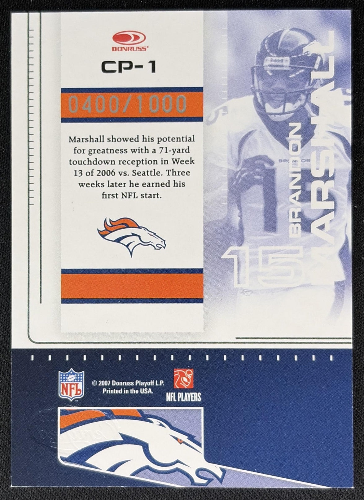 Brandon Marshall 2007 Leaf Certified Materials Potential /1000 Broncos