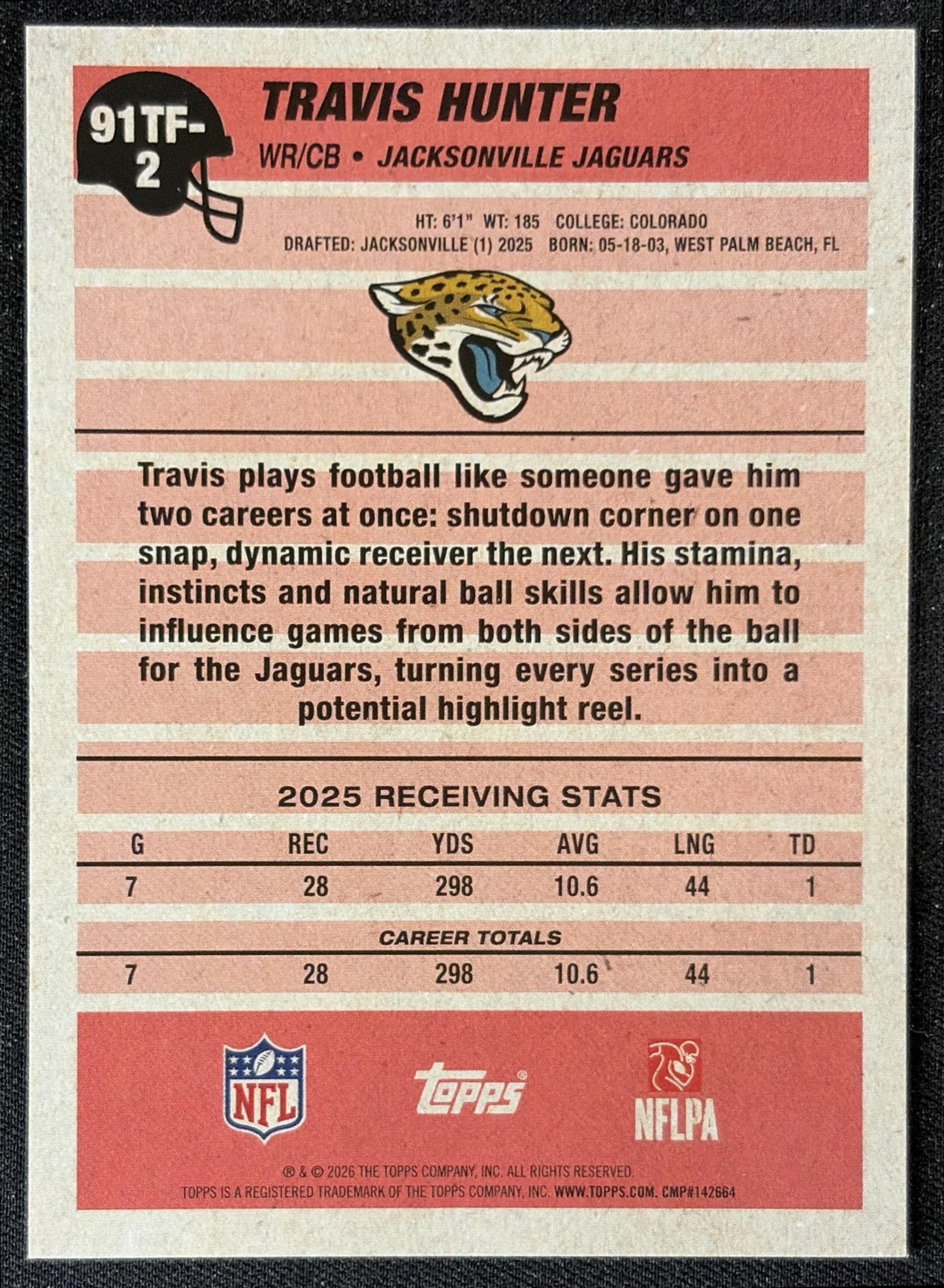 Travis Hunter 2026 Topps 1991 Jaguars back