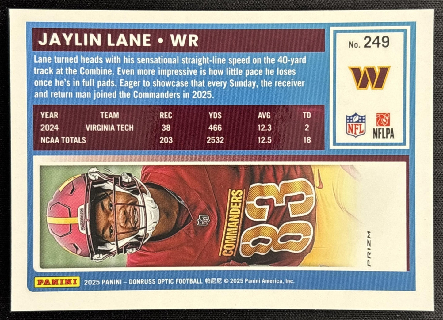 Jaylin Lane 2025 Panini Donruss Optic Rated Rookie Stars Prizm Commanders back