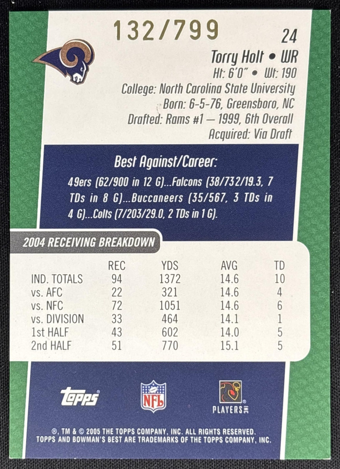 Torry Holt 2005 Bowman's Best Green /799 Rams Sports Trading Cards