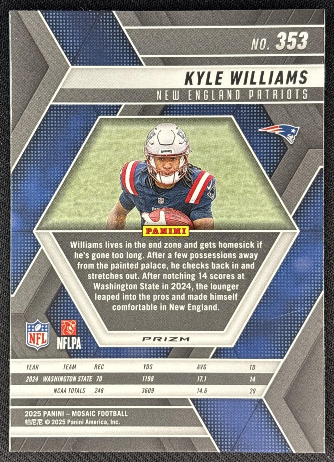 Kyle Williams 2025 Panini Mosaic Rookies Camo Pink Prizm Patriots back