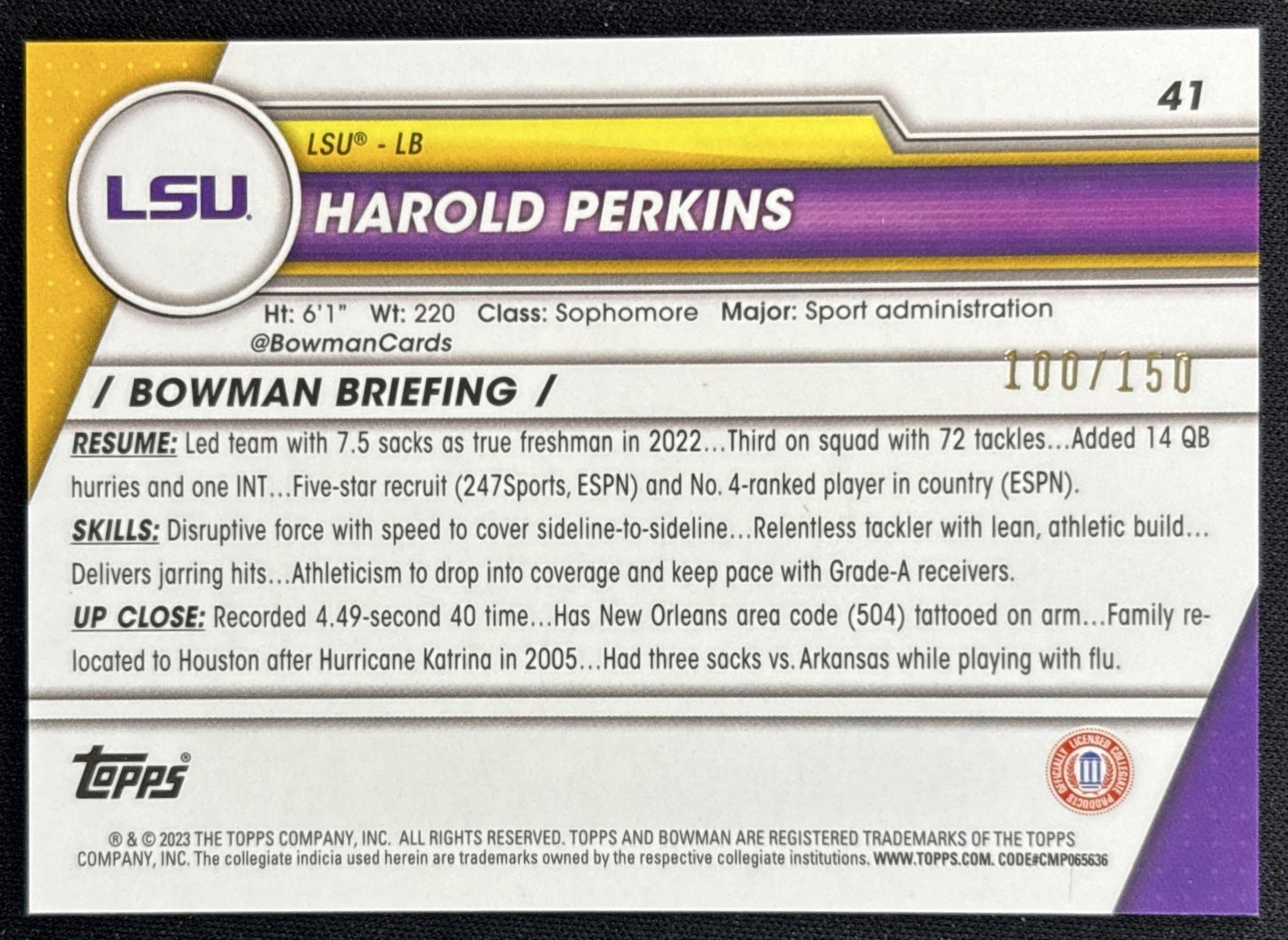 Harold Perkins 2023 University Chrome Fuschia Mini Diamond Refractor /150 Tigers Back