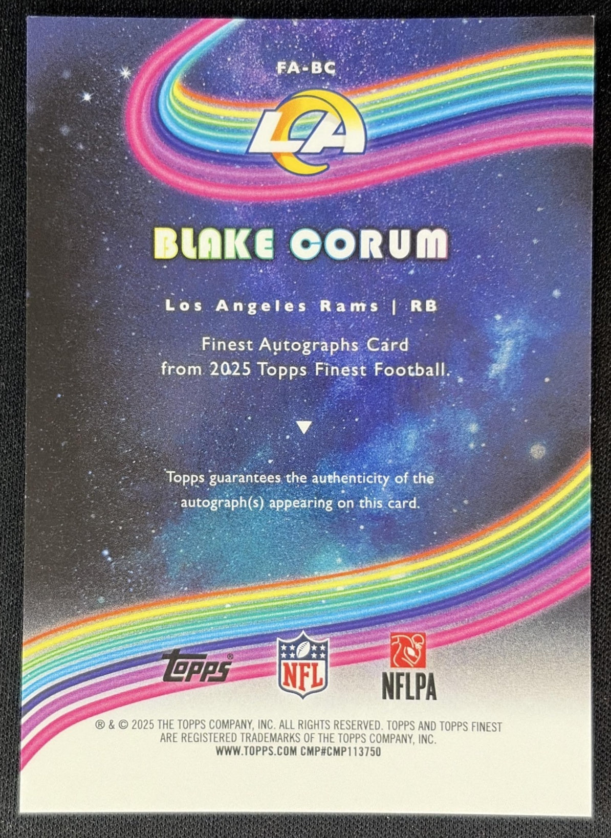Blake Corum 2025 Topps Finest Auto Blue Geometric Refractor /99 Rams back