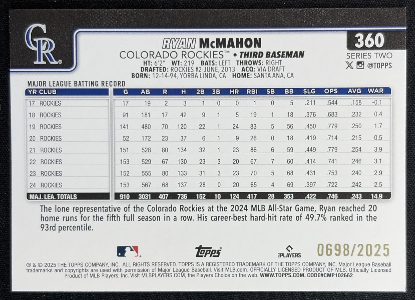 Ryan McMahon 2025 Topps Gold /2025 Rockies back