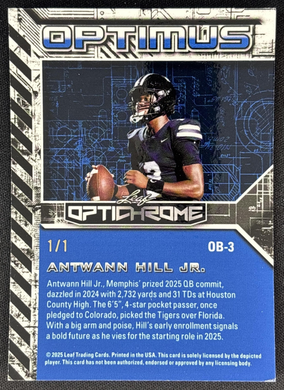 Antwann Hill Jr. 2025 Leaf Optichrome Optimus Lava Black 1/1 back