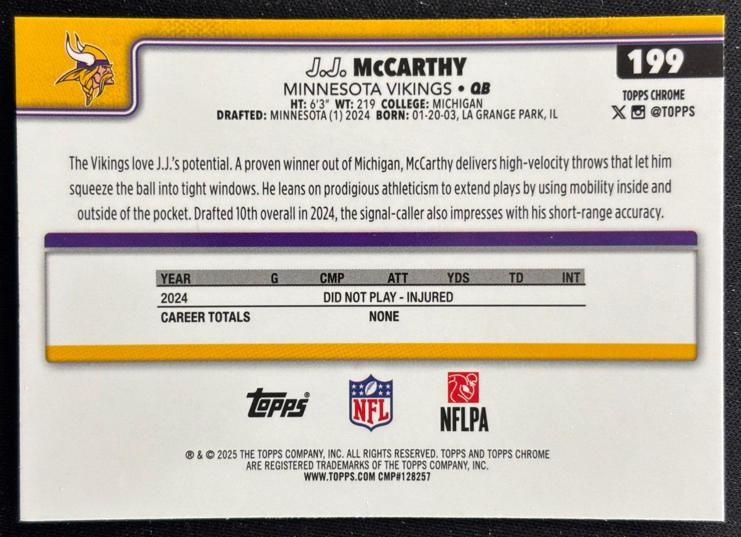 J.J. McCarthy 2025 Chrome RayWave Refractor Vikings