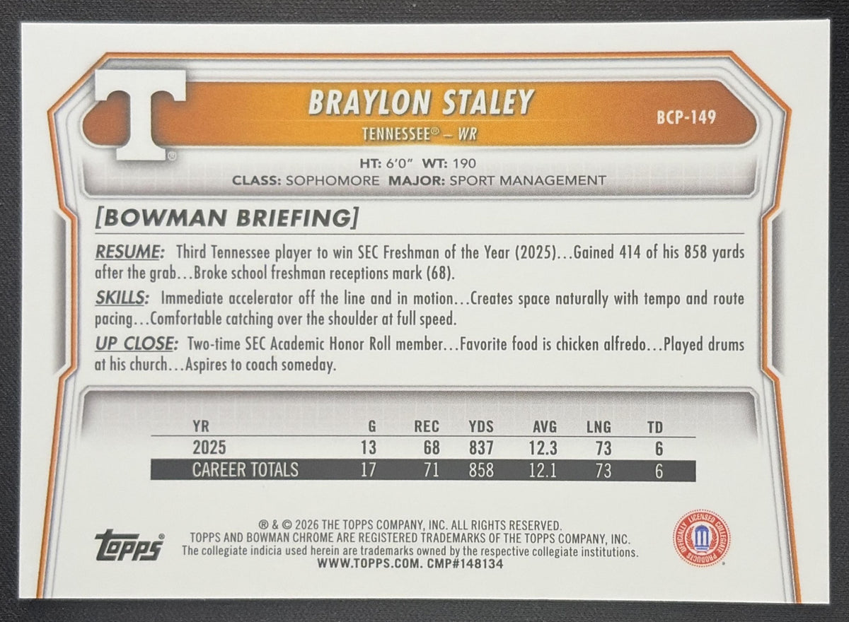 Braylon Staley 2026 Bowman Chrome Prospects Mojo Refractor Volunteers