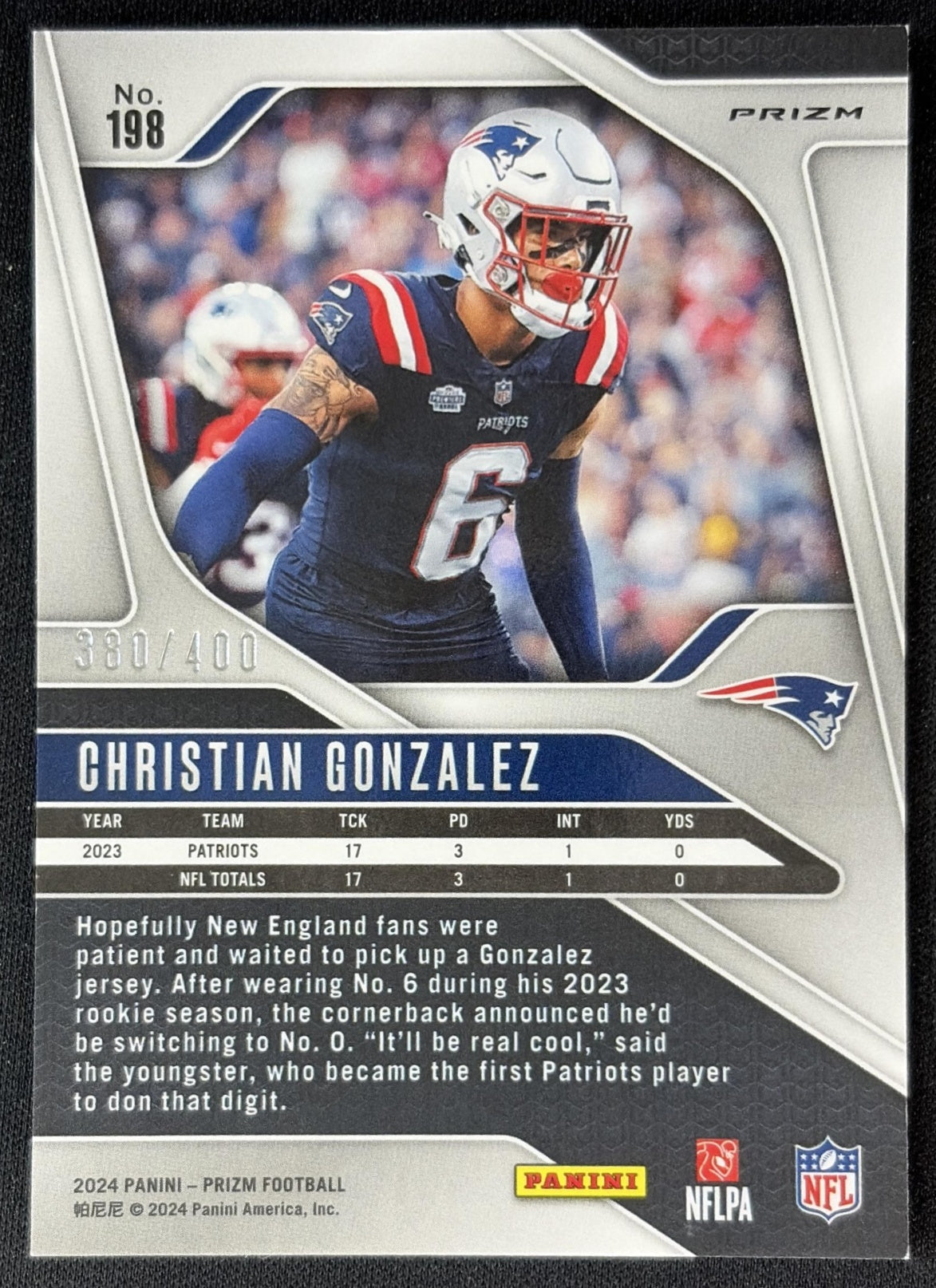 Christian Gonzalez 2024 Panini Prizm Pandora /400 Patriots back
