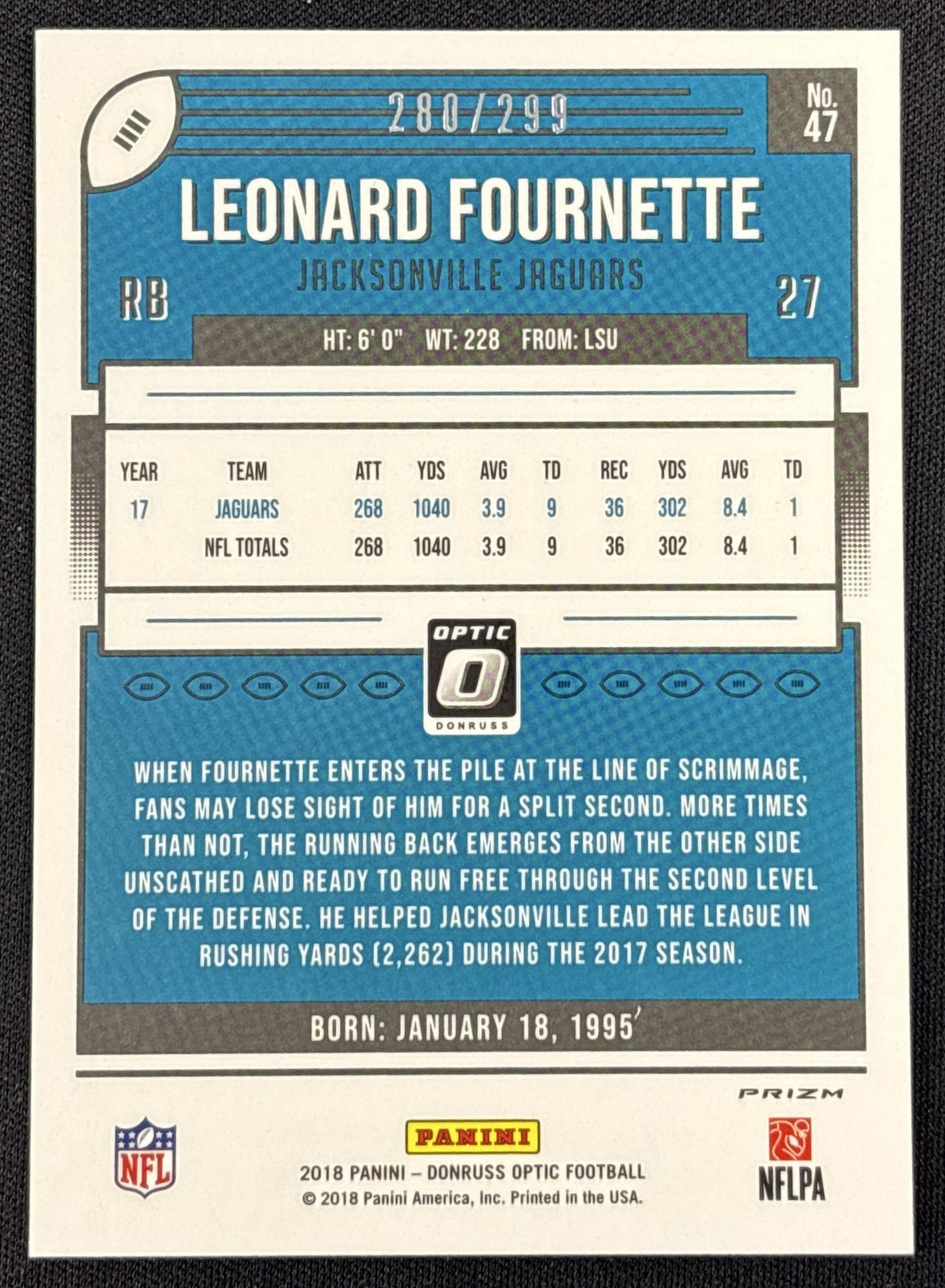 Leonard Fournette 2018 Panini Donruss Optic Aqua Prizm /299 Jaguars