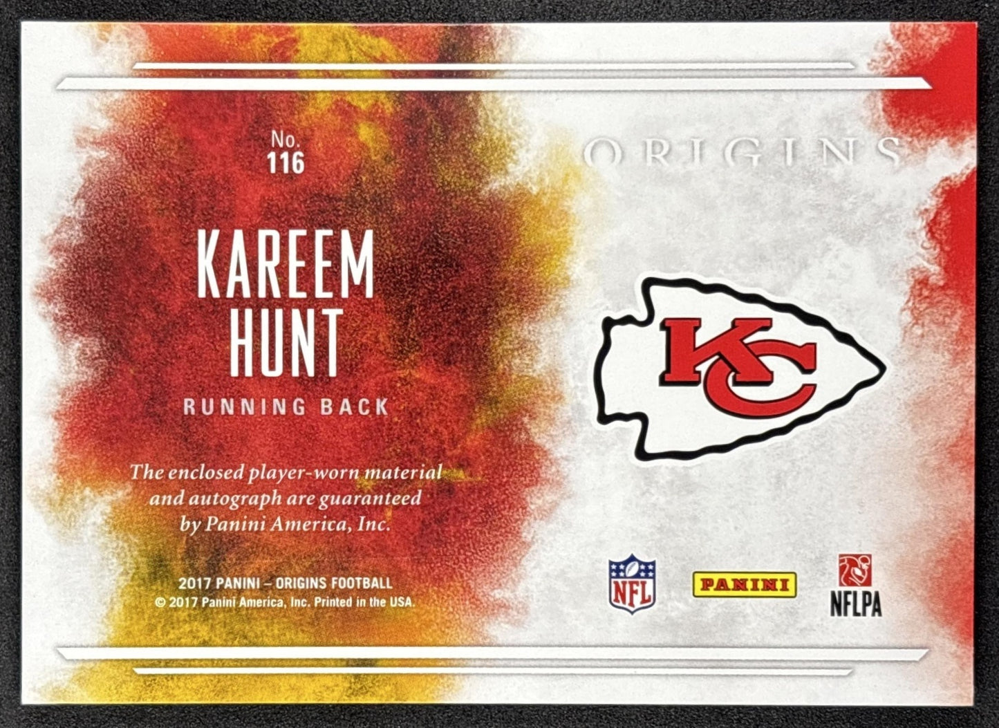 Kareem Hunt 2017 Panini Origins Rookie Patch Auto Chiefs Kansas City Chiefs