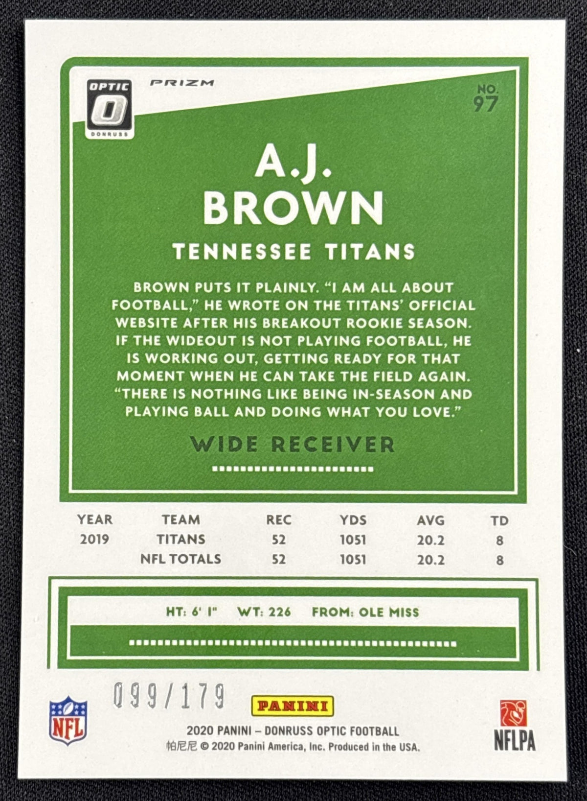A.J. Brown 2020 Panini Donruss Optic Blue Prizm /179 Titans
