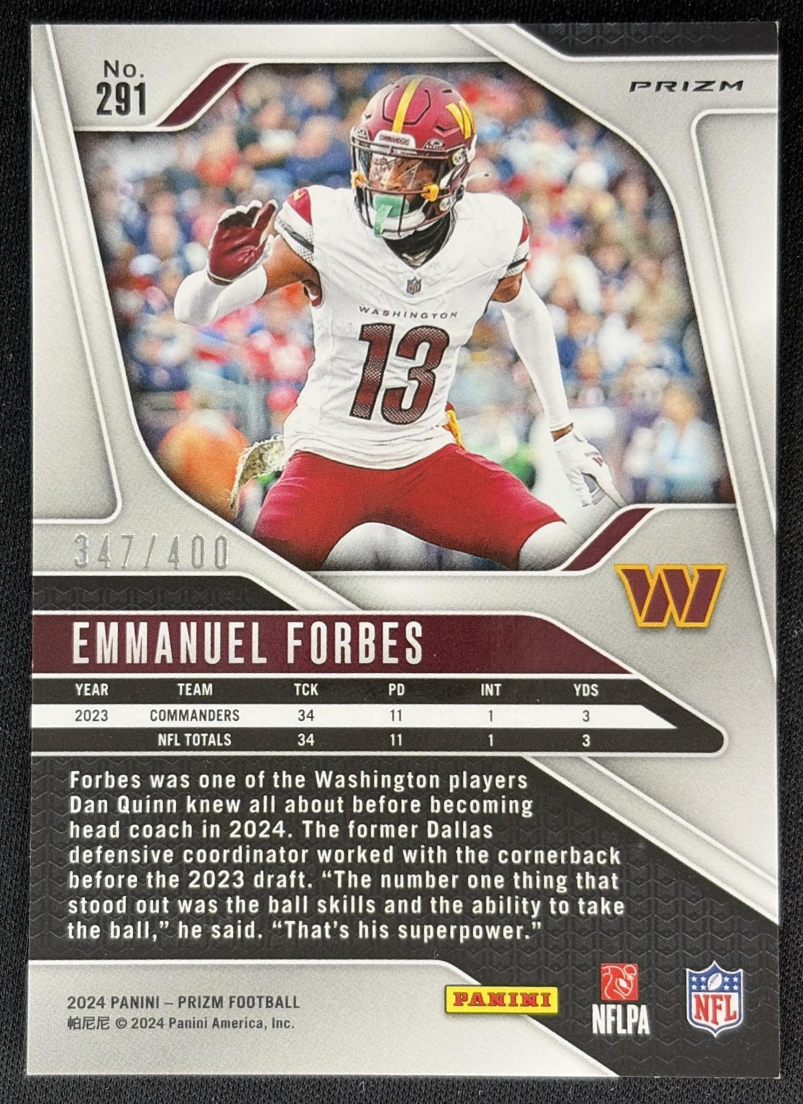 Emmanuel Forbes 2024 Panini Prizm Pandora /400 Commanders Back