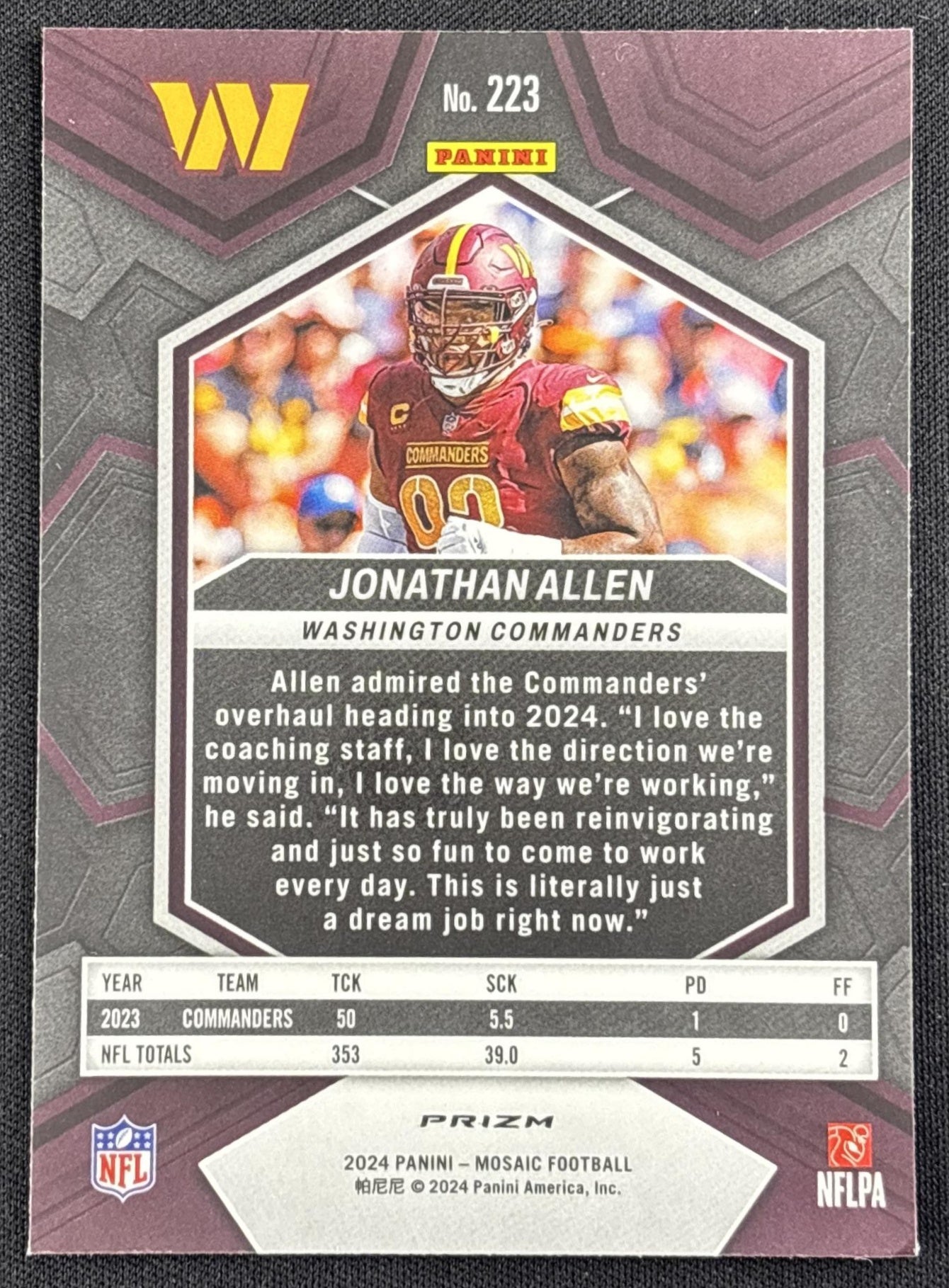 Jonathan Allen 2024 Panini Mosaic Red Sparkle Prizm Commanders
