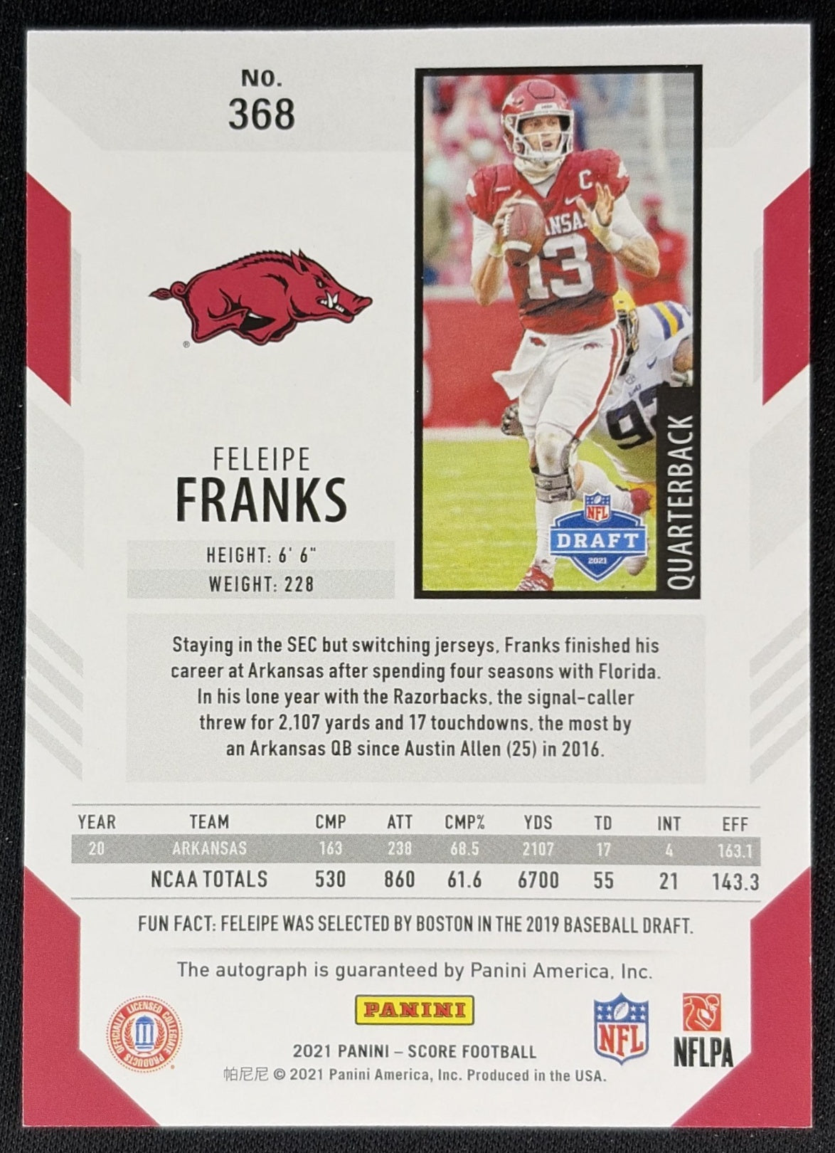 Feleipe Franks 2021 Panini Score Signatures Razorbacks Sports Trading Cards