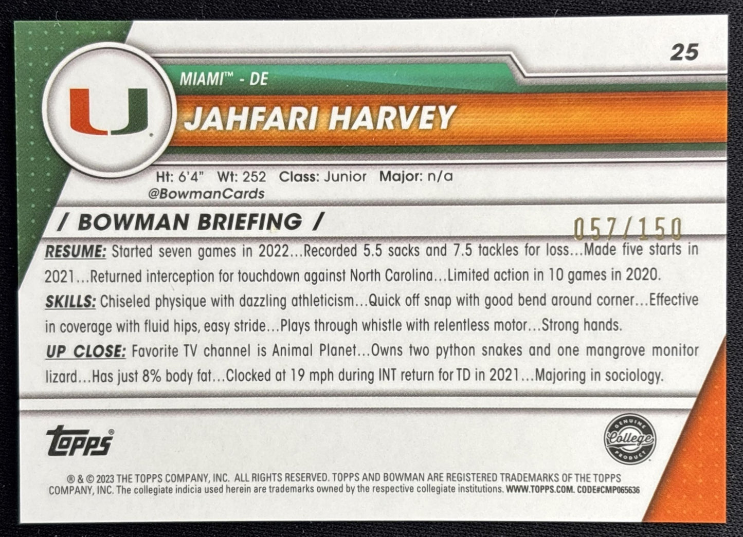 Jahfari Harvey 2023 University Chrome Fuschia Mini Diamond Refractor /150 Hurricanes back