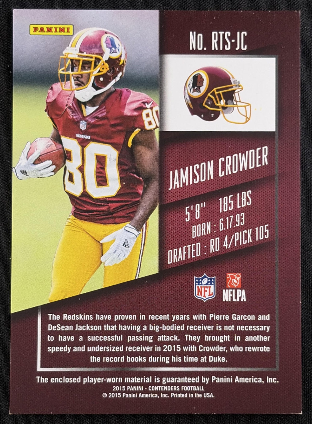 Jamison Crowder 2015 Panini Contenders Rookie Ticket Swatches Team Helmets Redskins