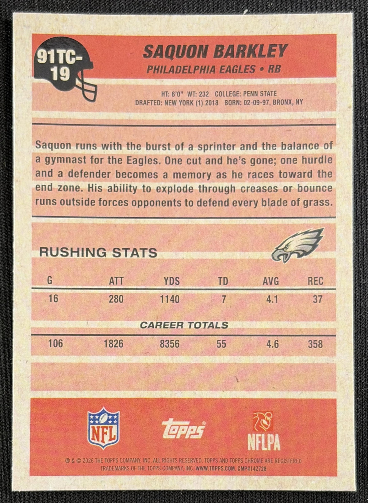 Saquon Barkley 2026 Topps 1991 Chrome Mojo Refractor Eagles back