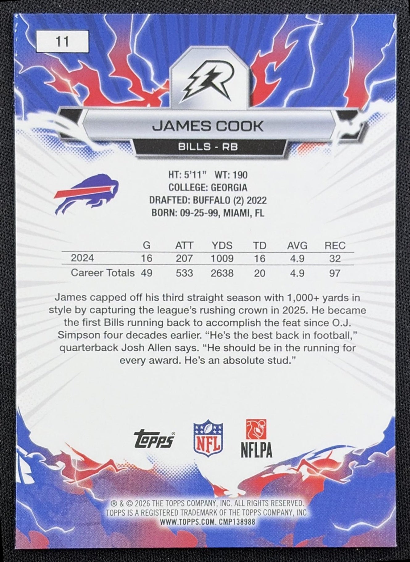 James Cook 2025 Topps Resurgence Blue and Orange Spark Refractor Bills