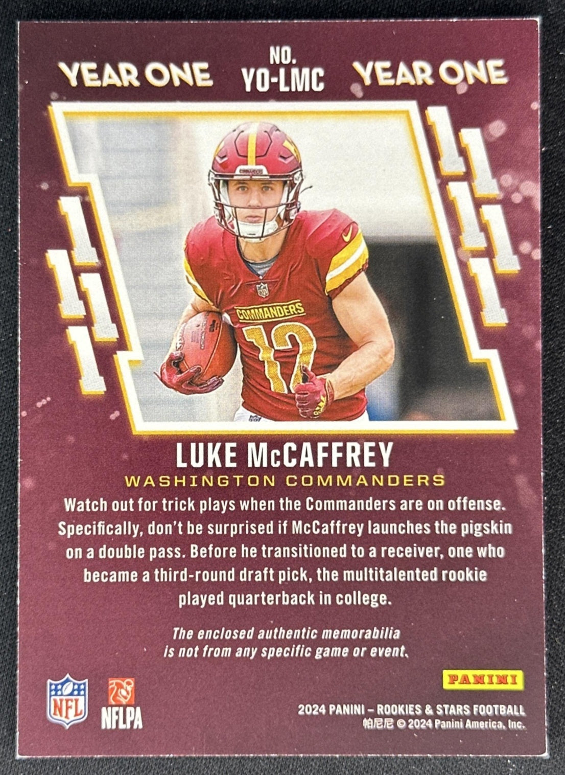 Luke McCaffrey 2024 Panini Rookies & Stars Year One Commanders back