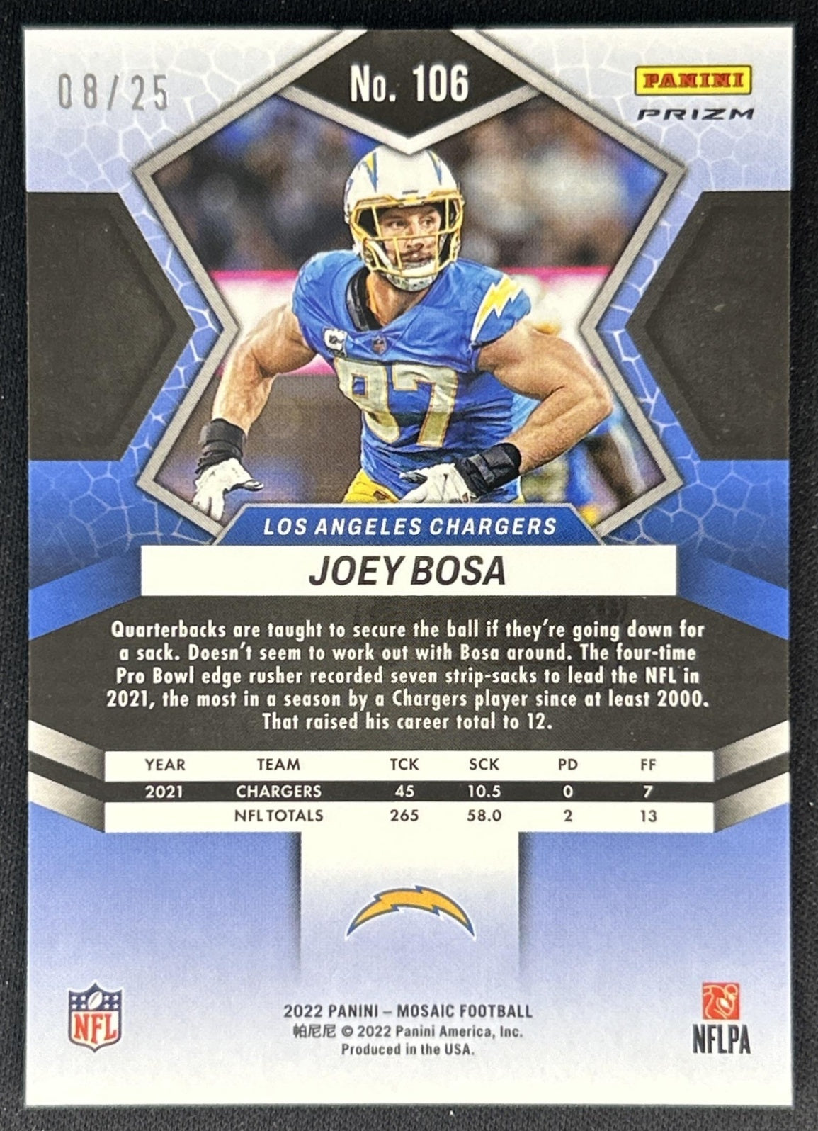 Joey Bosa 2022 Panini Mosaic Orange Fluorescent /25 Chargers back