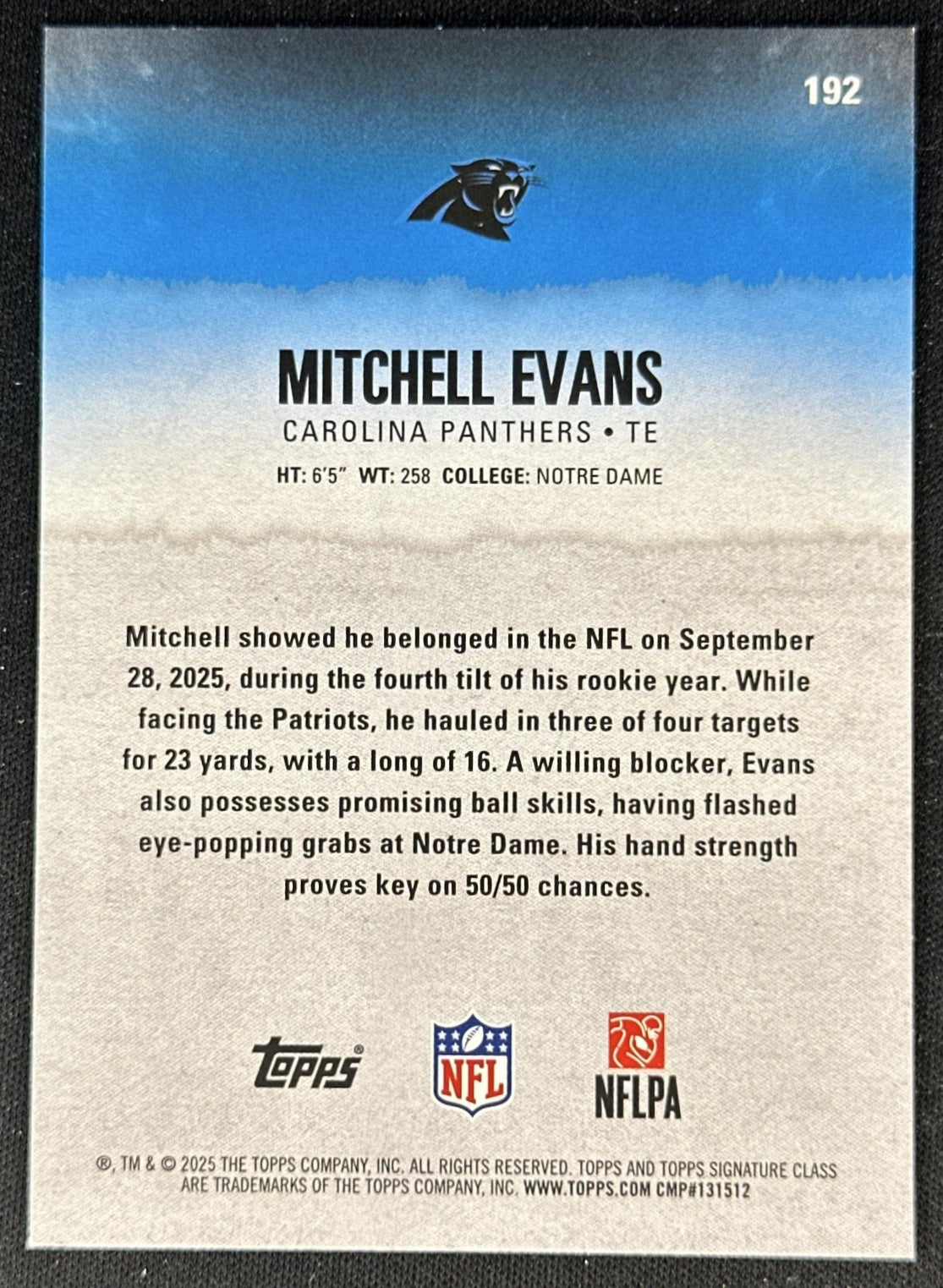 Mitchell Evans 2025 Topps Signature Class Green & Purple Rookie Panthers back