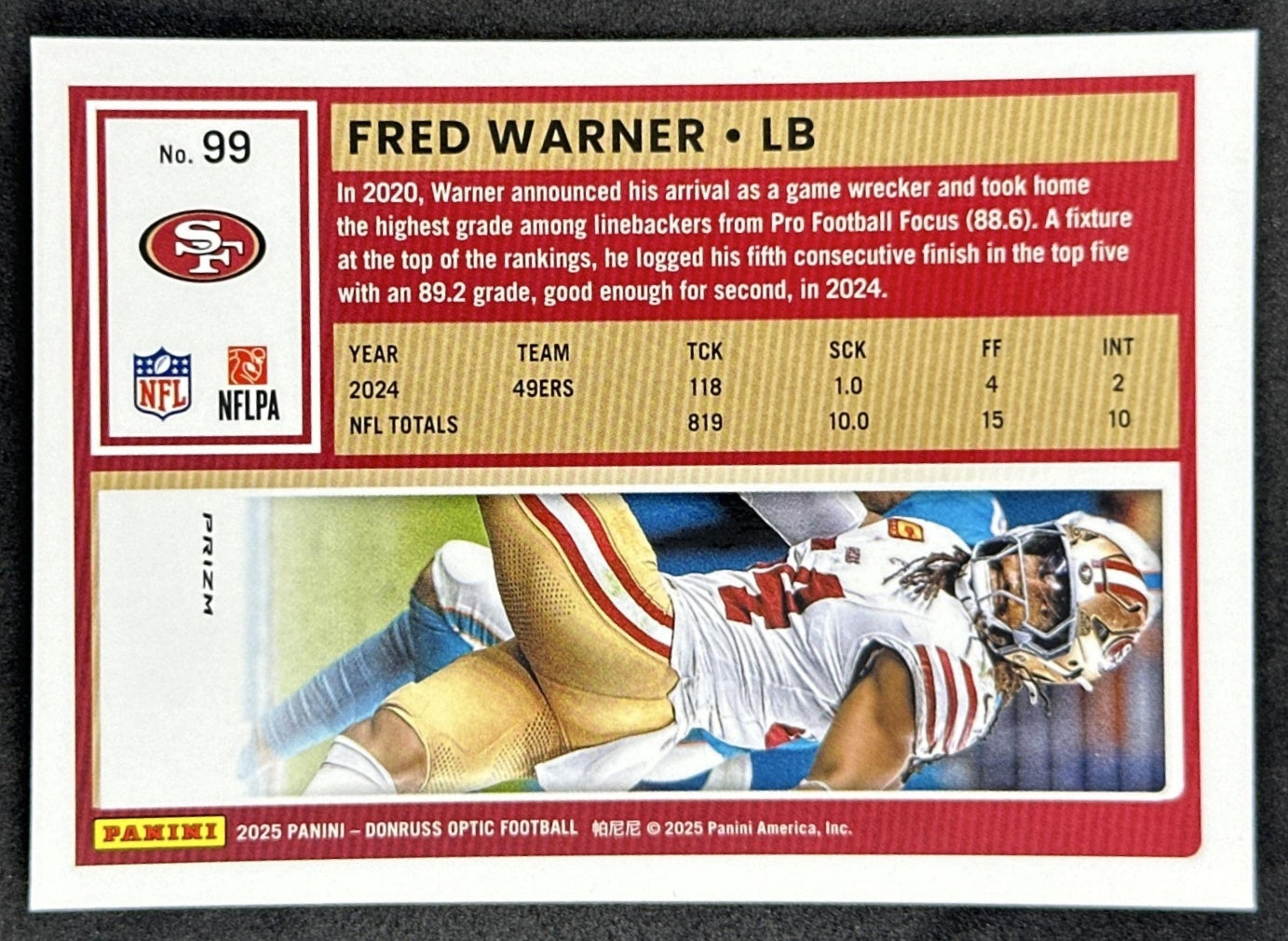 Fred Warner 2025 Panini Donruss Optic Holo Prizm 49ers back