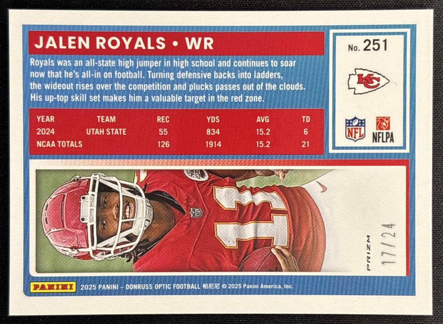 Jalen Royals 2025 Panini Donruss Optic Rated Rookie Dragon Prizm /24 Chiefs Sports Trading Card