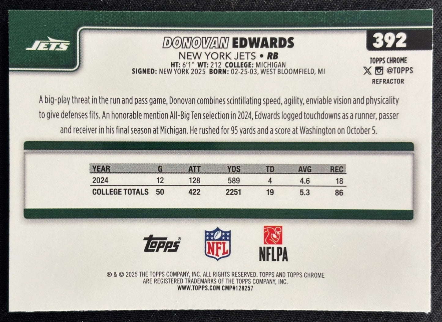 Donovan Edwards 2025 Topps Chrome Rookie Refractor Jets Sports Trading Cards