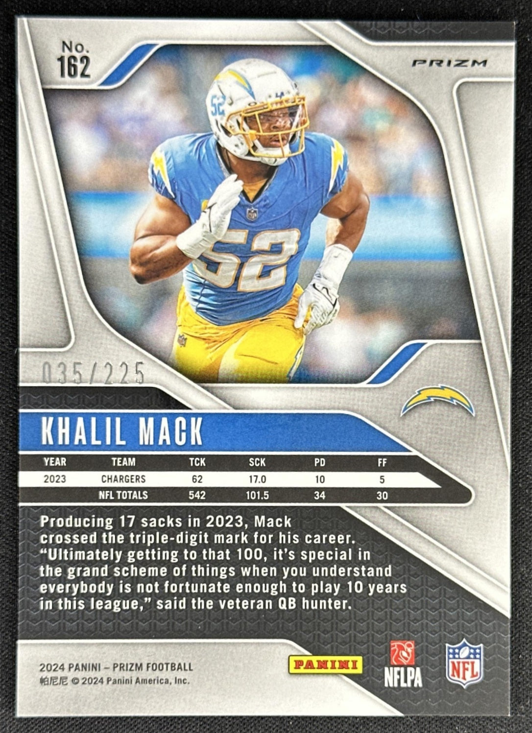 Khalil Mack 2024 Panini Prizm Purple Ice /225 Chargers