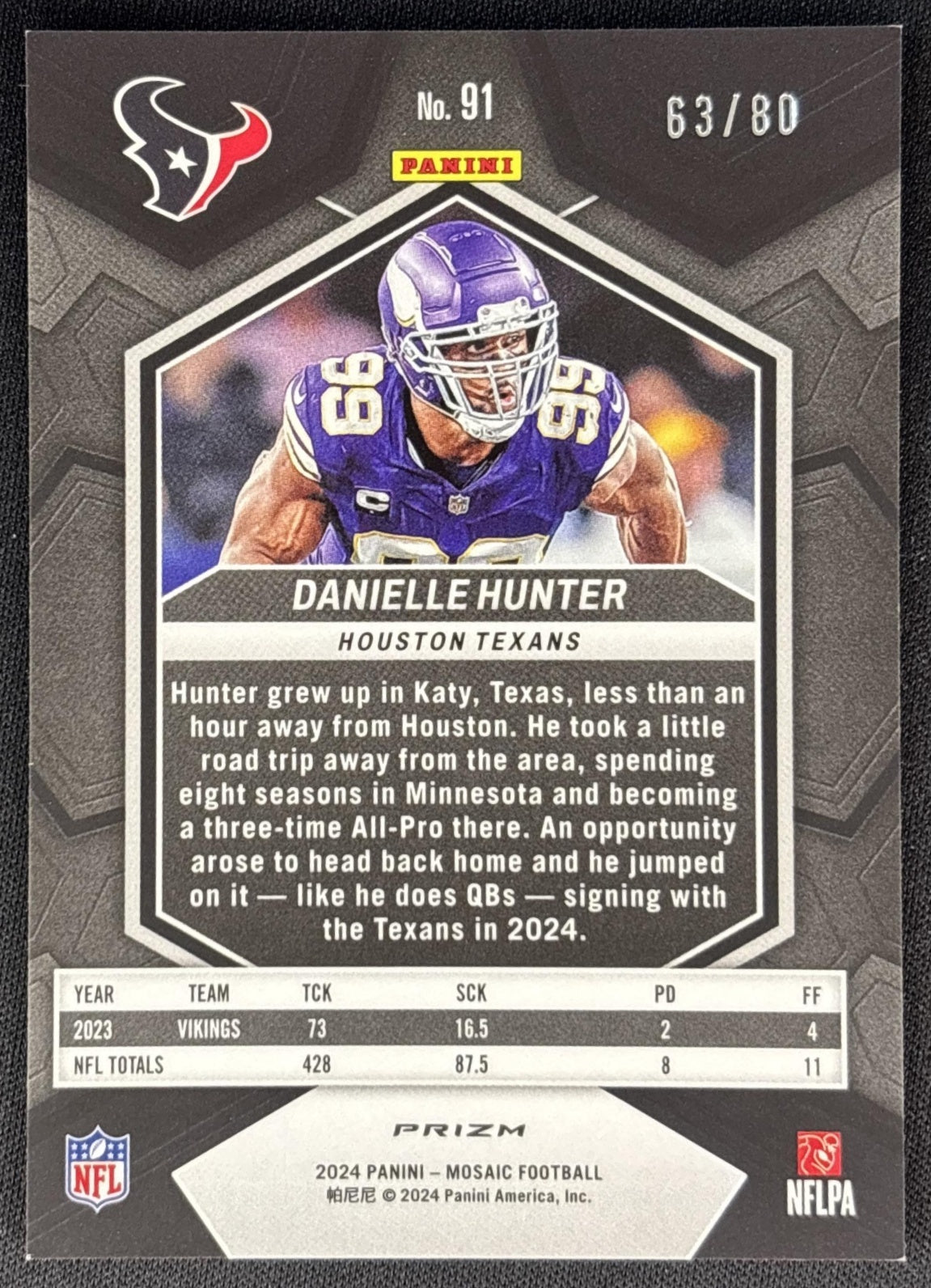 Danielle Hunter 2024 Panini Mosaic Choice Fusion Red and Yellow Prizm /80 Texans Sports Trading Cards
