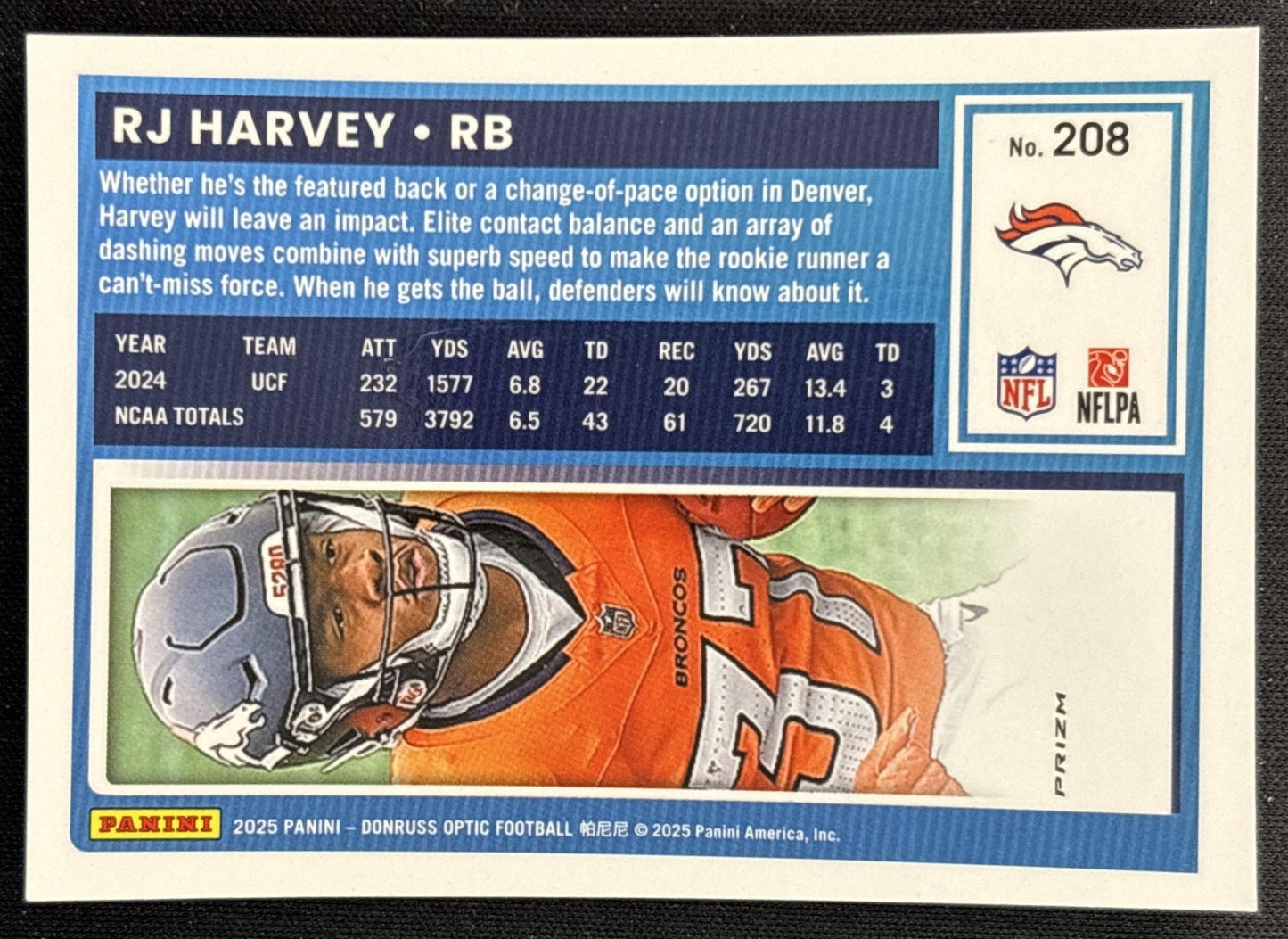 RJ Harvey 2025 Panini Donruss Optic Rated Rookie Red Mojo Prizm Broncos Back