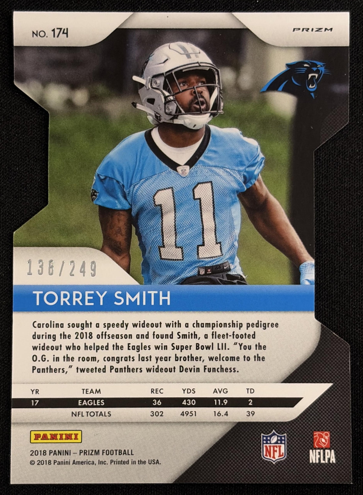 Torrey Smith 2018 Panini Prizm Orange Die Cut /249 Panthers