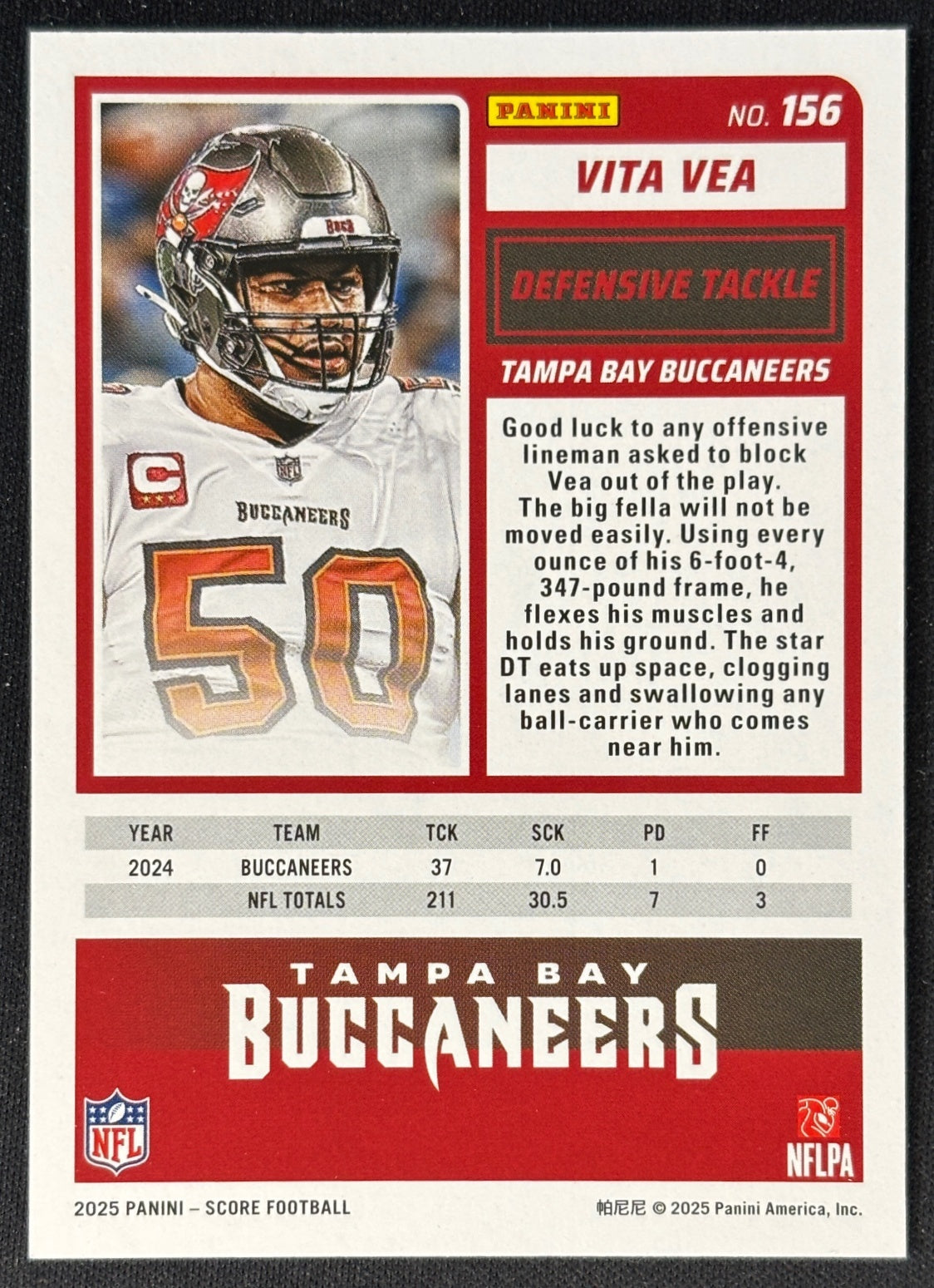 Vita Vea 2025 Score Bats /399 Buccaneers - Back | Wayne Collection