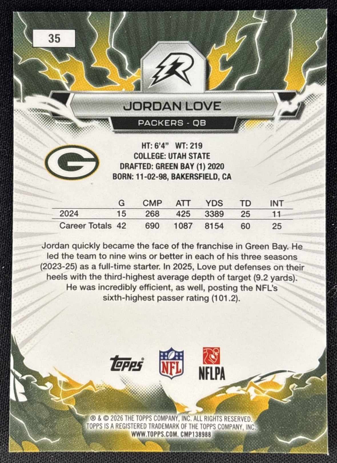 Jordan Love 2025 Topps Resurgence Packers Green Bay Packers back
