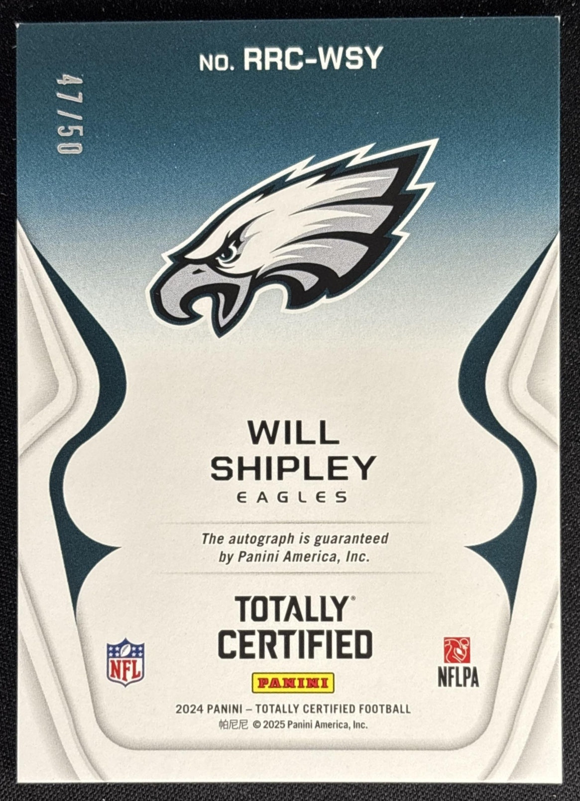 Will Shipley 2024 Totally Certified Rookie Roll Call Mirror Blue /50 Eagles