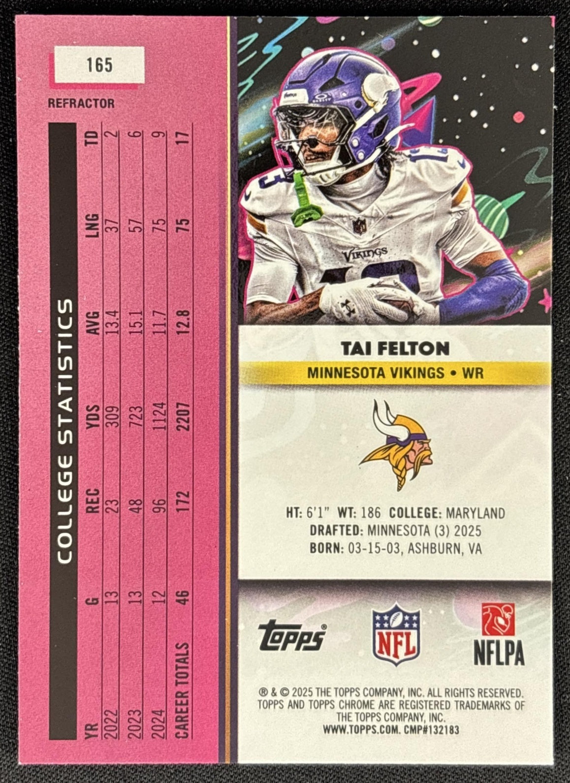 Tai Felton 2025 Topps Cosmic Chrome Refractor Vikings