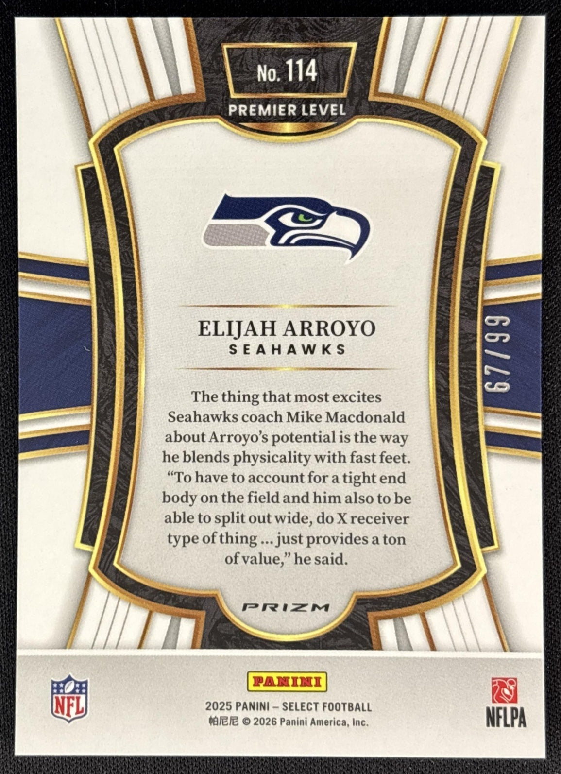 Elijah Arroyo 2025 Panini Select Premier Level Light Blue Prizm /99 Seahawks back