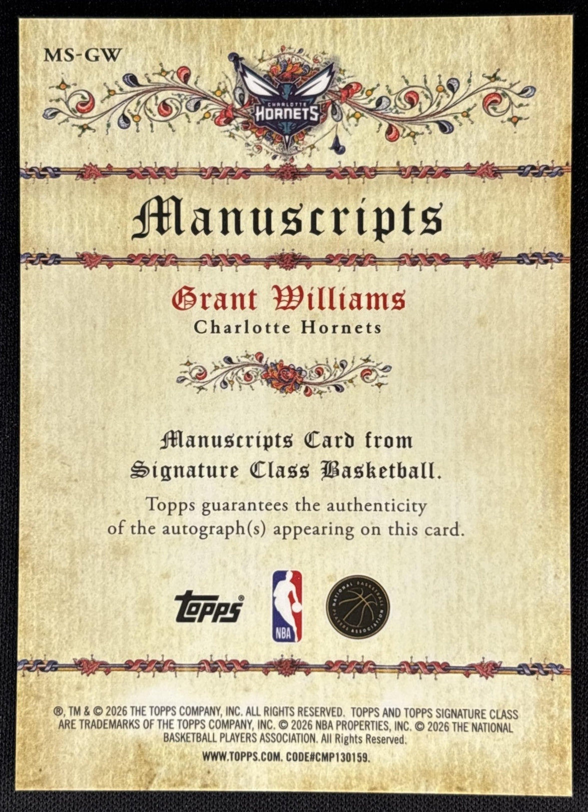 Grant Williams 2025 Signature Class Manuscripts Auto Orange Refractor /50 Hornets back