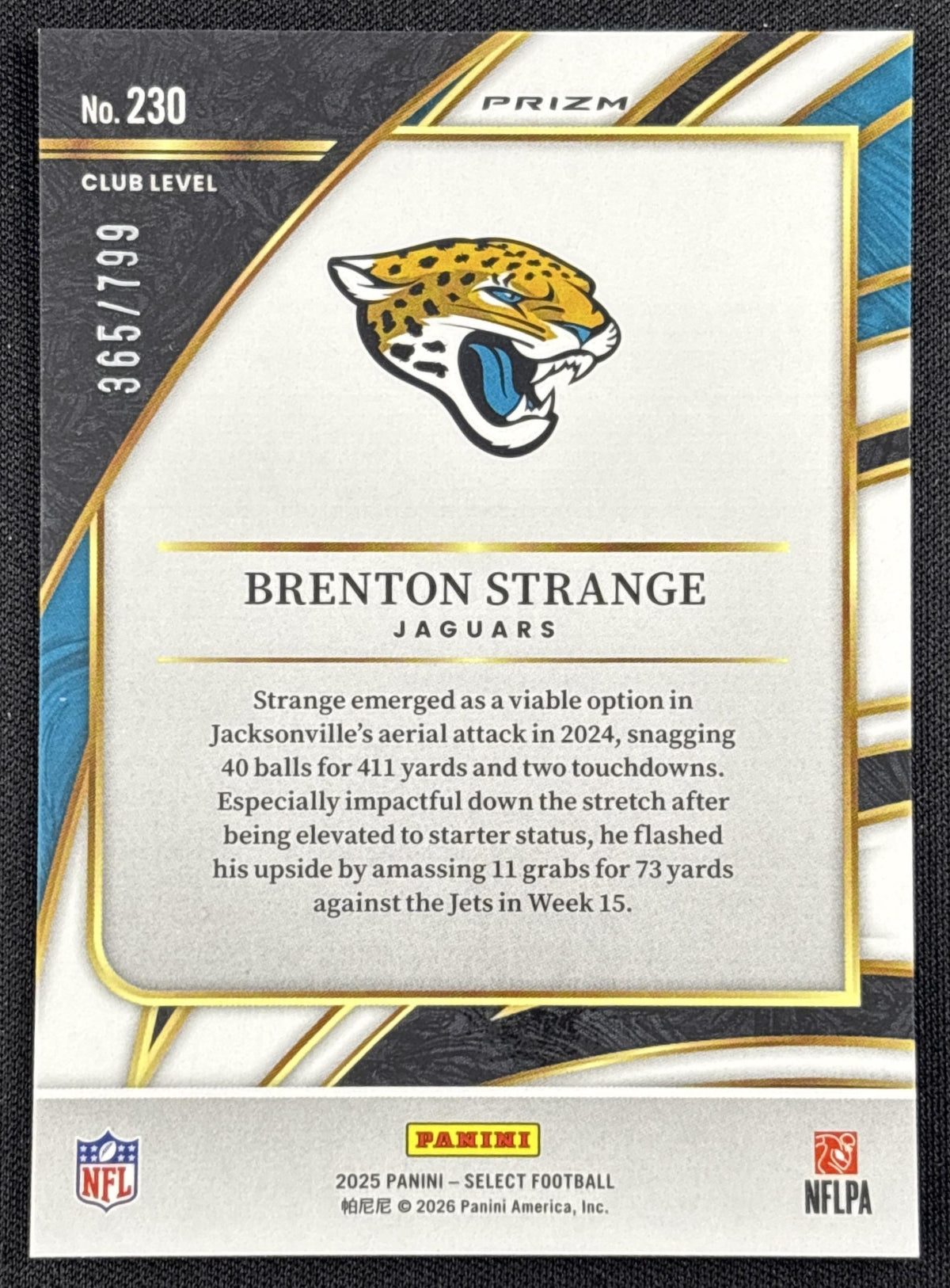 Brenton Strange 2025 Panini Select Club Level White Prizm Shock /799 Jaguars