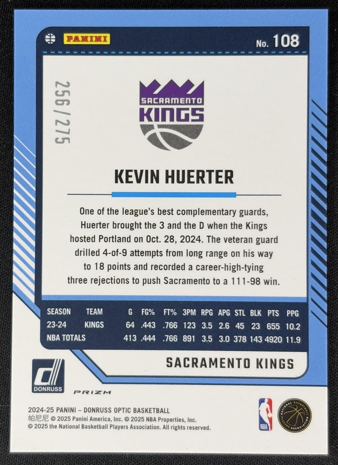Kevin Huerter 2024 Panini Donruss Optic Pink Glitter Prizm /275 Kings back