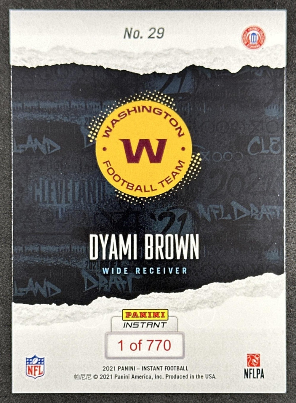 Dyami Brown 2021 Panini Instant NFL Draft Night back