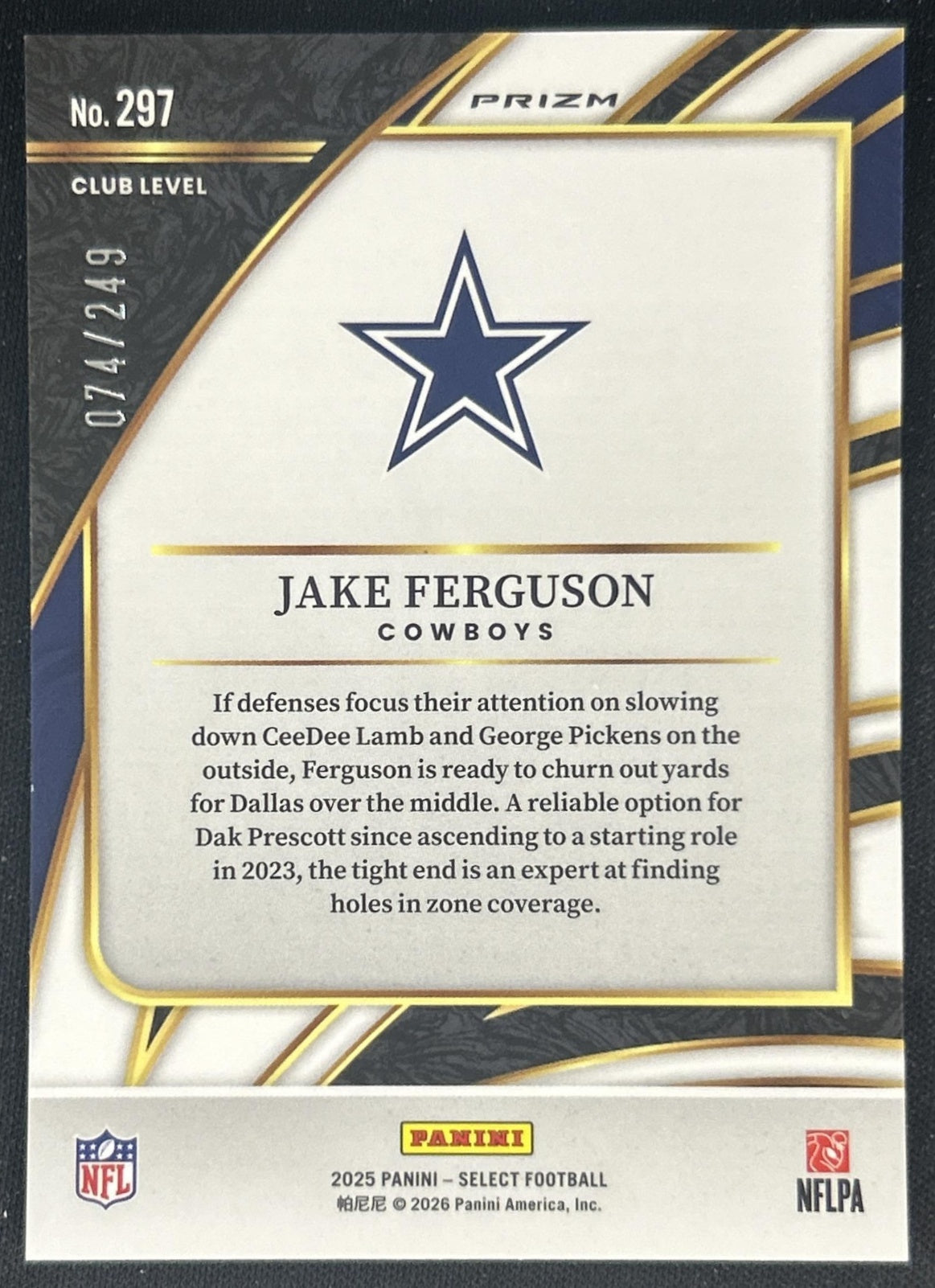 Jake Ferguson 2025 Panini Select Club Level Tri-Color Prizm /249 Cowboys back