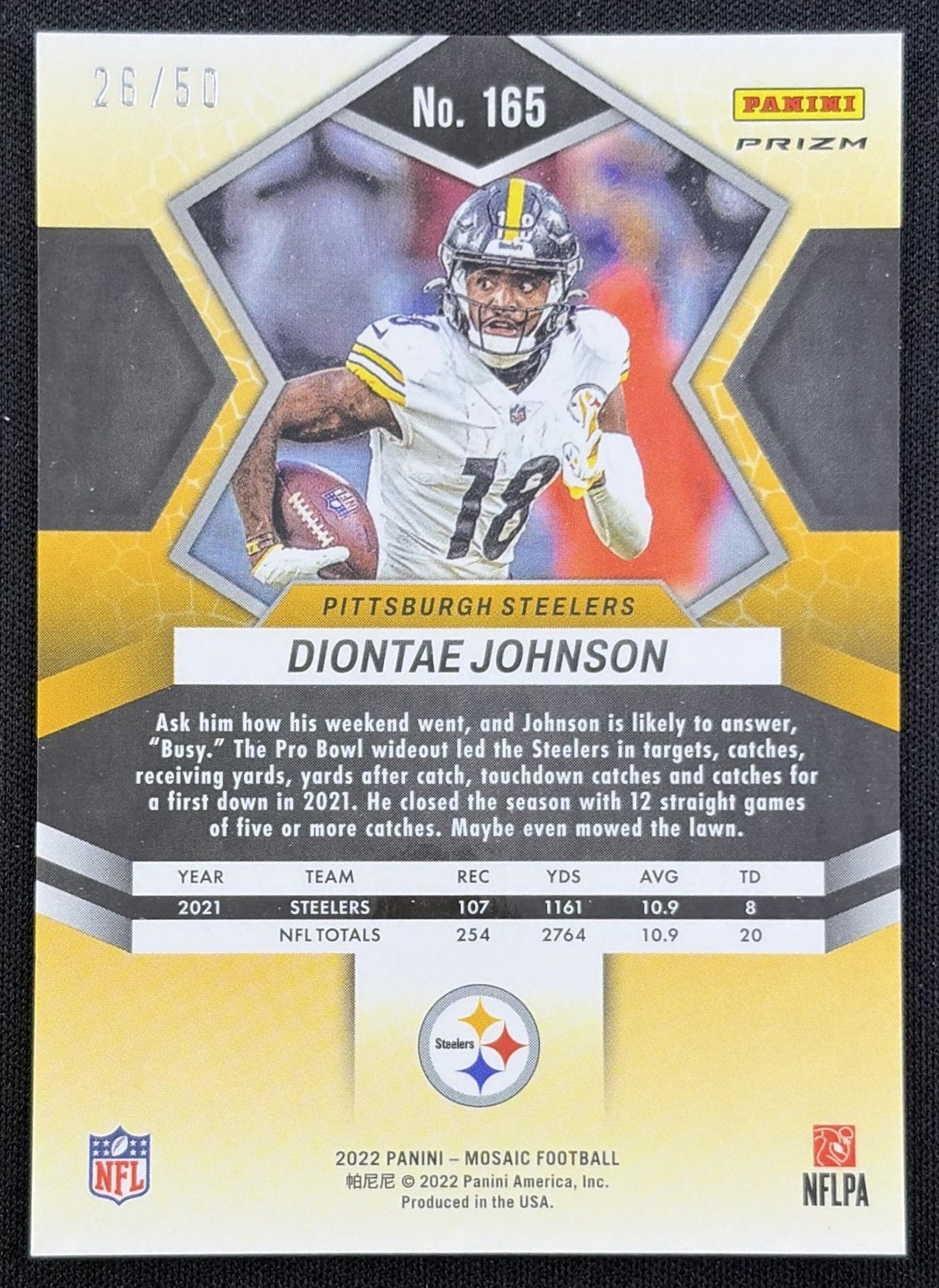 Diontae Johnson 2022 Panini Mosaic No Huddle Purple /50 Steelers