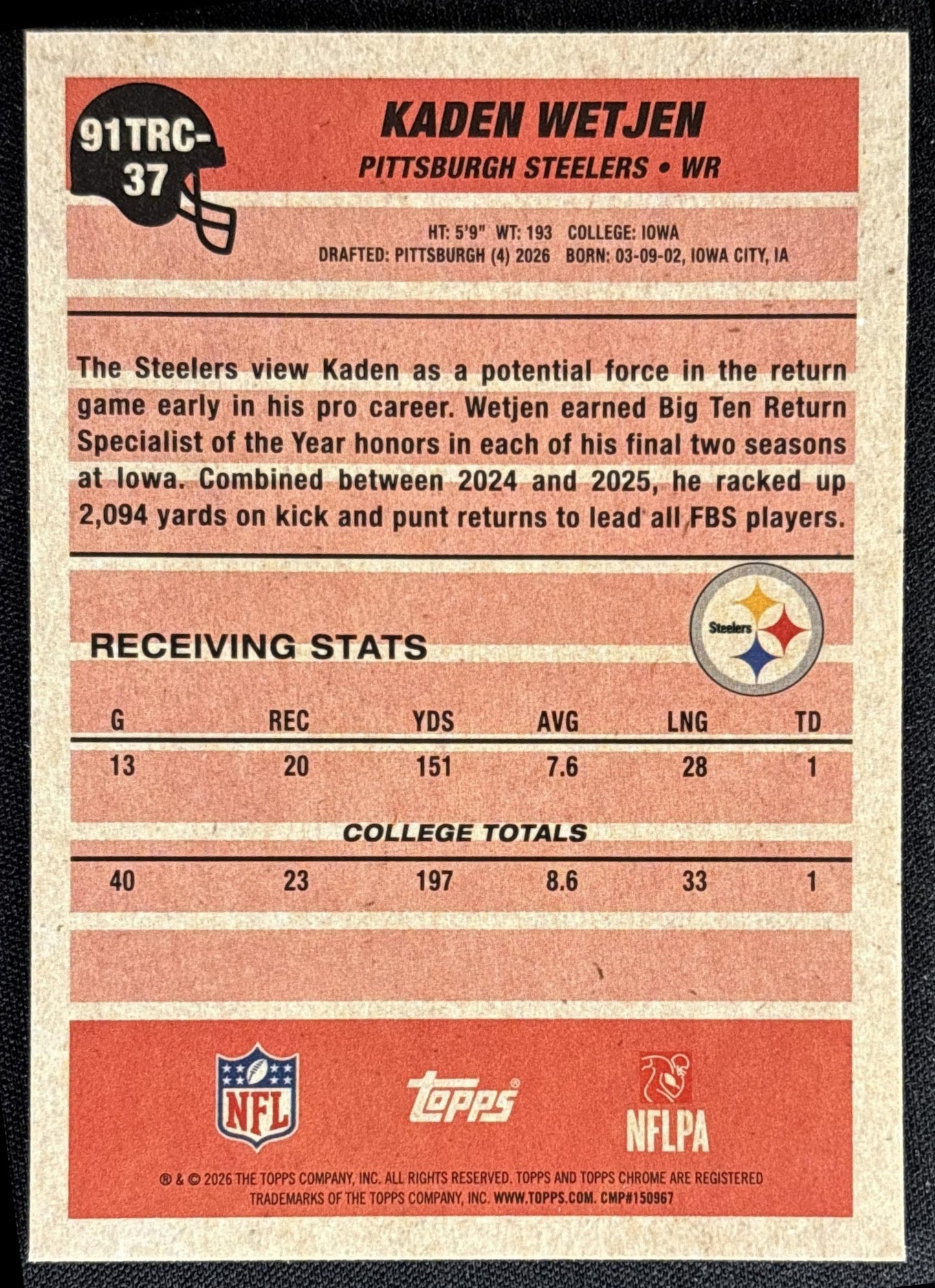 Kaden Wetjen 2026 Topps 1991 Chrome Rookie Mojo Refractor Steelers