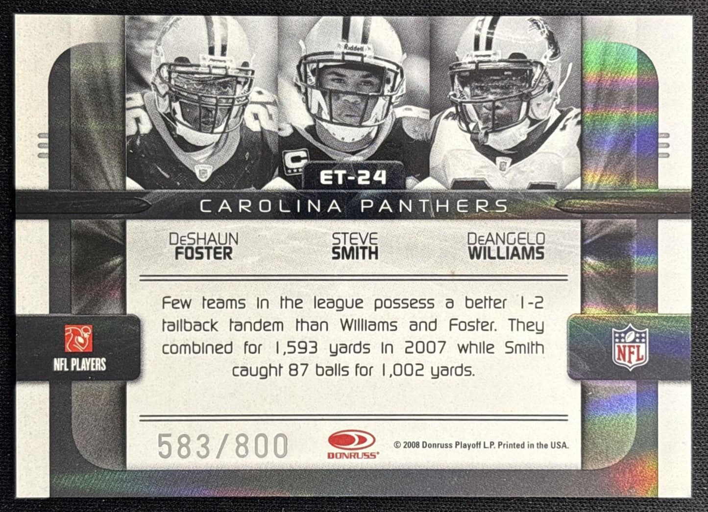 DeShaun Foster Steve Smith DeAngelo Williams 2008 Elite Teams Black /800 Panthers back