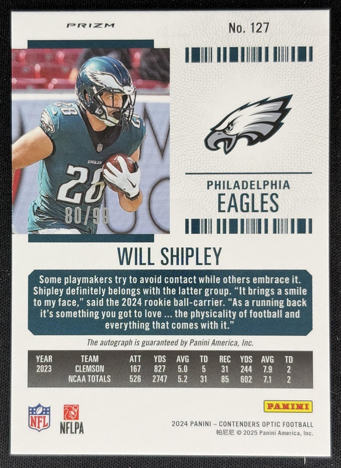 Will Shipley 2024 Contenders Optic Rookie Ticket RPS Auto Teal Prizm /99 Eagles back