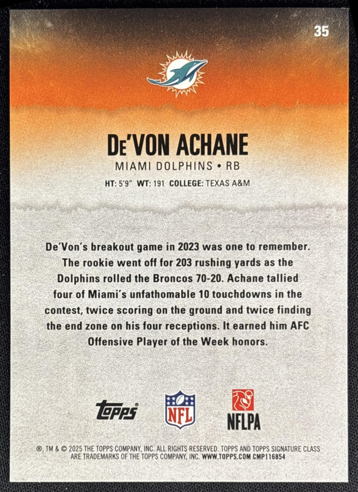 De'Von Achane 2025 Topps Signature Class Veteran Blue & Yellow Foil Dolphins back